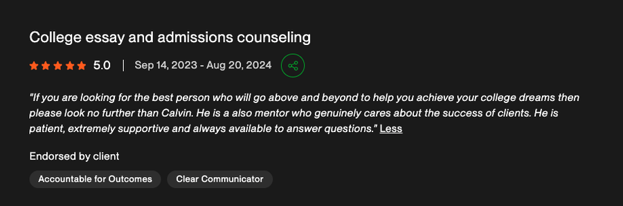 Five star Upwork review for college essay and admissions counseling