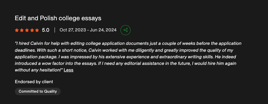 Five star Upwork review for editing and polishing college essays