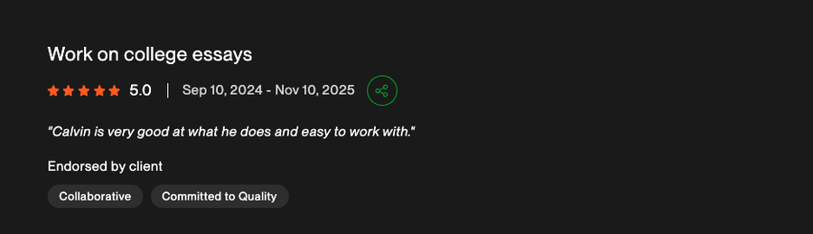 Five star Upwork review for statement of purpose coaching